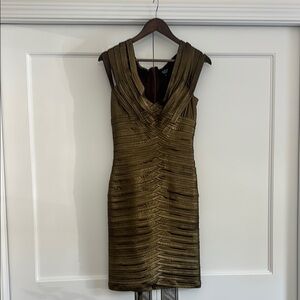 Tadashi Shoji Gold Ruched V-Neck Mini Dress